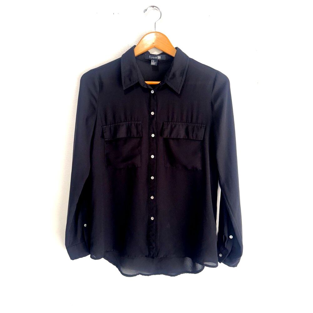 Forever 21 button up shirt sheer long sleeves black Emo preppy casual women M